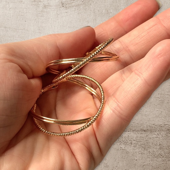 Gold Hoop Earrings Round Twisted Metal Embossed Engraved Design Double Infinity - Picture 2 of 11